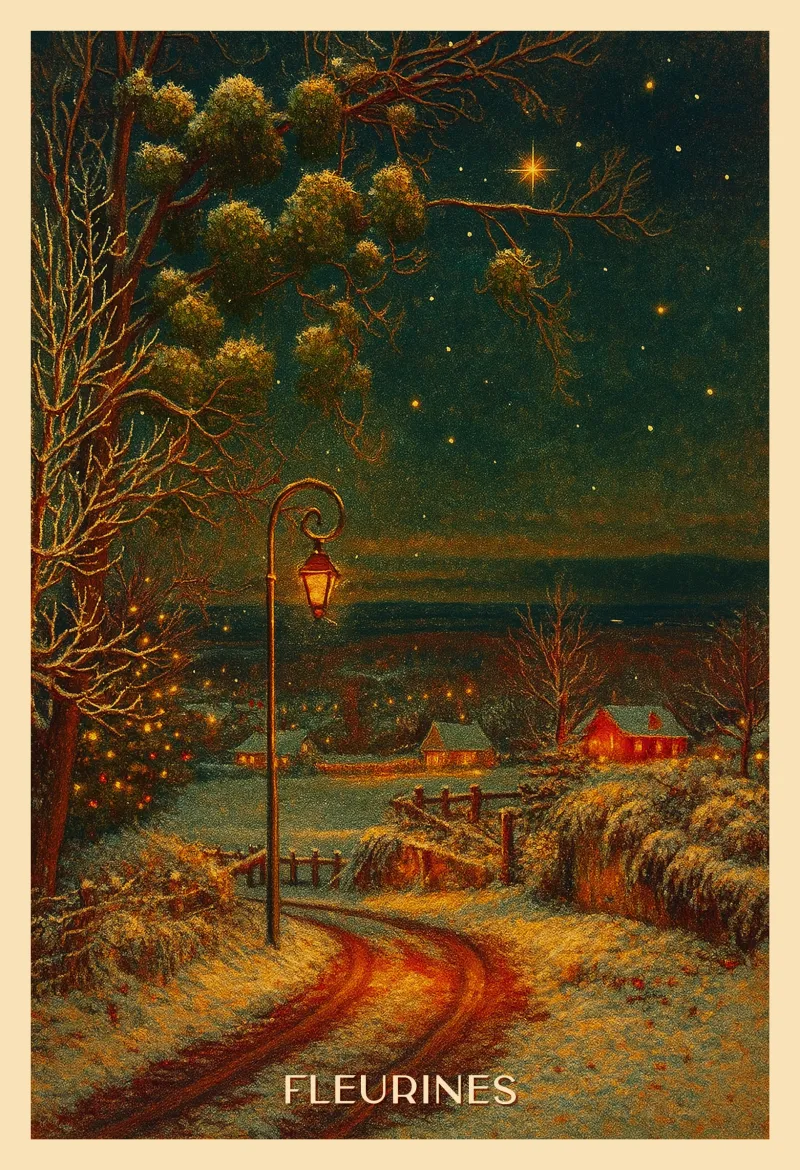 Affiche de Noël de Fleurines — chemin enneigé la nuit, lanterne dorée et cottages illuminés sous les étoiles