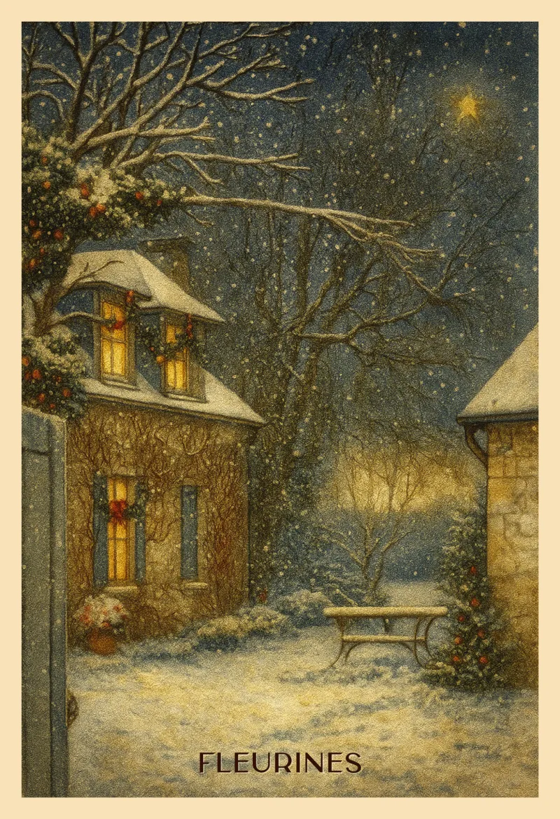 Carte postale de Noël de Fleurines — maison en pierre illuminée sous la neige, veillée de réveillon