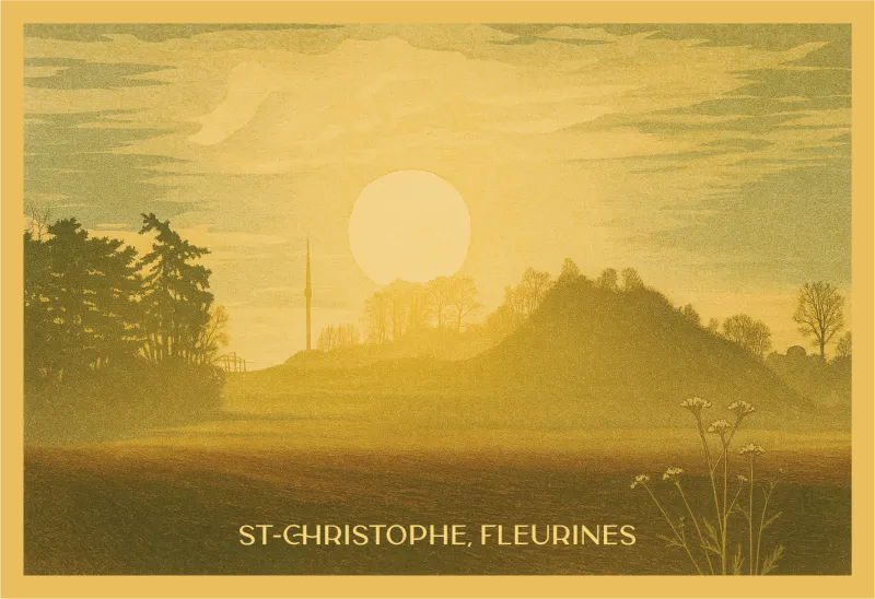 Carte postale de Saint-Christophe à Fleurines — lever de soleil doré sur la colline et sa croix, lumière brumeuse