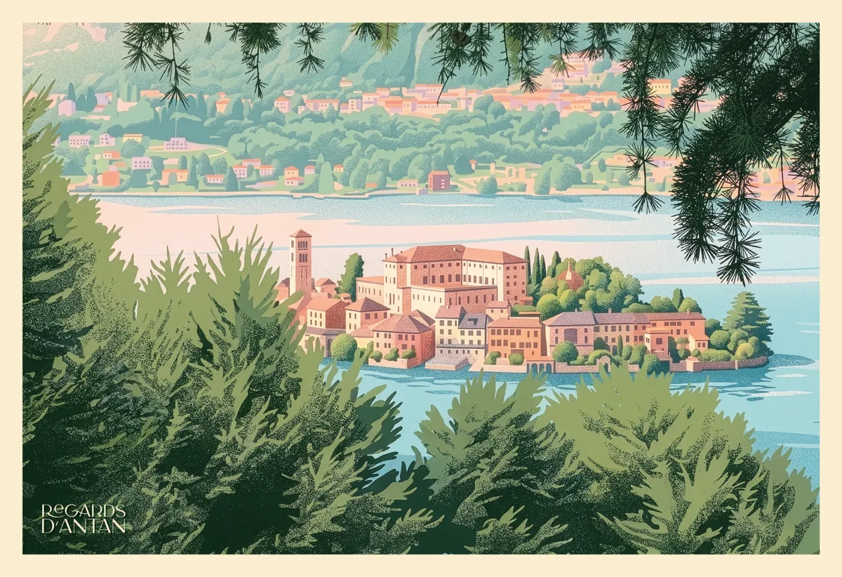 Carte postale vintage d'Orta San Giulio — vue sur le lac et l'île San Giulio, Italie